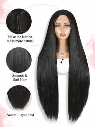 30 英寸长直发黑色女士假发 合成中分 4x1 蕾丝分发 假发 自然外观假发 适合日常使用