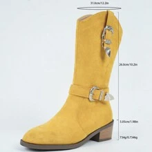 女士时尚百搭复古英伦风粗跟中筒靴 - 黃色 - 查看 7