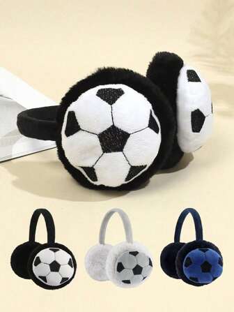 1 pieza Orejeras con estilo de fútbol de peluche para niños, aptas para esquiar al aire libre, ciclismo, uso diario con diseño bordado