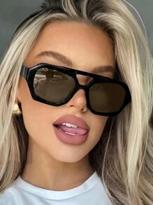 Gafas de moda con doble puente cuadrado vintage, gafas de lente de océano de alta gama retro para fiestas de playa al aire libre, gafas de moda de estilo callejero para mujeres, accesorios de playa para mujeres, para verano, playa, vacaciones, al aire libre y viajes