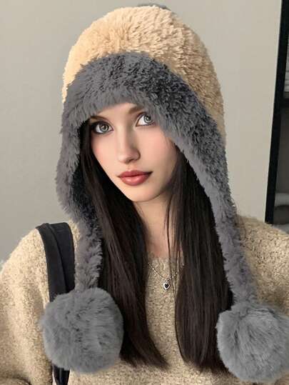 1 件女士秋冬针织帽，保暖内衬，保暖护耳毛球帽，适合日常佩戴