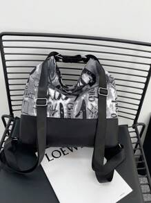 复古牛津布字母印花托特包，百搭双肩带/单肩带，大容量，可折叠，适合学生、度假、短途旅行，男女通用 - 灰色 - 查看 10