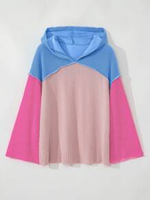 女士粉色拼色罗纹宽松连帽衫 - 粉色 - 查看 4