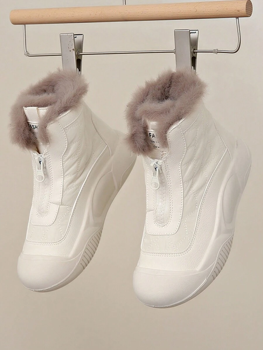 女式高帮厚底雪地靴，带保暖内衬，时尚新设计，防风保暖，冬季 - 米色 - 查看 1