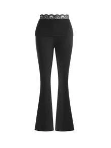 Damskie spodnie z koronką w jednolitym kolorze, z rozkloszowanym dołem i dopasowanym krojem, eleganckie i szykowne na wiosnę/lato