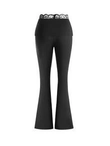 Damskie spodnie z koronką w jednolitym kolorze, z rozkloszowanym dołem i dopasowanym krojem, eleganckie i szykowne na wiosnę/lato