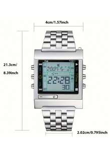 Reloj digital LED TVG para hombres, reloj de cuarzo deportivo, impermeable, de acero inoxidable plateado, con alarma, reloj de pulsera para hombres, regalo, regalo de San Valentín