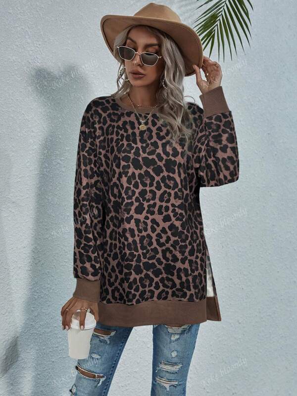 KeKe Wan1i Autumn/Winter Urban Fashion Thick Versatile Leopard Print Women Sweatshirt, Leopard Pattern, Front Split Hem Long Warm Loose Pullover Top
