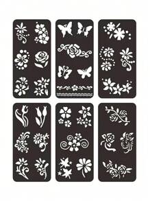 32 件装指甲花纹身模板，花卉图案手绘临时纹身，可重复使用人体艺术模板 - 黑色 - 查看 5
