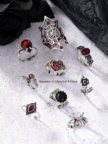 9pcs/Set Dark Red Rose & Spider Web Victorian Vampire Gothic Style Stackable Rings Set (For Women) - Antique Silver - View 3