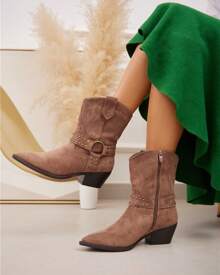 Cowboy-enkellaarzen voor dames, puntige neus met gespdetail met studs, geborduurd ontwerp, ritssluiting aan de zijkant