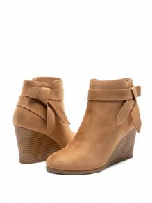 Women's Comfy Almond Toe Wood-Pattern Heel Wedge Ankle Boots For Work And Everyday Wear Perfect For Daily Commutes, Dates, Shopping, Or Holiday Celebrations - Taupe - View 6