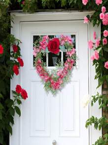 1pc 14.96英寸仿真樱花.玫瑰.御草心形花环情人节家居装饰婚礼背景墙庭院花园浪漫餐厅酒店装饰挂件门窗装饰 - 彩色 - 查看 6