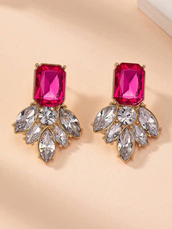 1 Par de elegantes aretes personalizados con diseño geométrico de flor y gema fucsia, ideales como regalo para mujeres, San Valentín, mamá, madre, Día de la Madre
