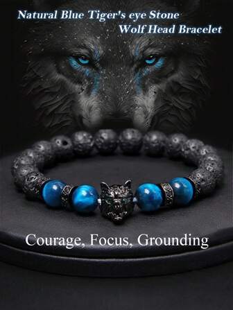 Pulsera con cabeza de lobo para hombre, de piedra natural ojo de tigre azul y roca volcánica, pulsera sanadora y protectora, ayuda a aliviar la ansiedad y a relajar la energía, pulsera con cuentas que conecta con la tierra, joyería bohemia, regalo para él o ella