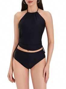 Charming Women Bikini Set, Neck Hanger Sleeveless Backless Crop Tops Solid Color Panties For Summer, Women Clothing