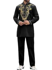 Men's 2-Piece Metal Traditional Suit Gold Embroidered Shirt Dashiki Shirt And Pants Set - 黑色 - 查看 1