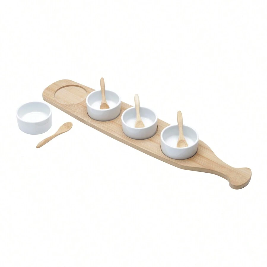 Verito Bamboo Tray Set With 4 Sauce Boats And 4 Spoons 48x9.5cm Lyor - 白色 - 查看 1