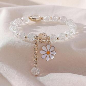 1 件多色向日葵裂纹玻璃珠弹性手链配雏菊花吊坠，时尚串珠手链适合日常佩戴，送给朋友情人节的珠宝礼物