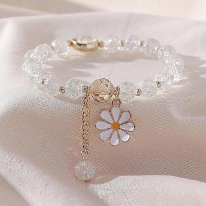 1 件多色向日葵裂纹玻璃珠弹性手链配雏菊花吊坠，时尚串珠手链适合日常佩戴，送给朋友情人节的珠宝礼物