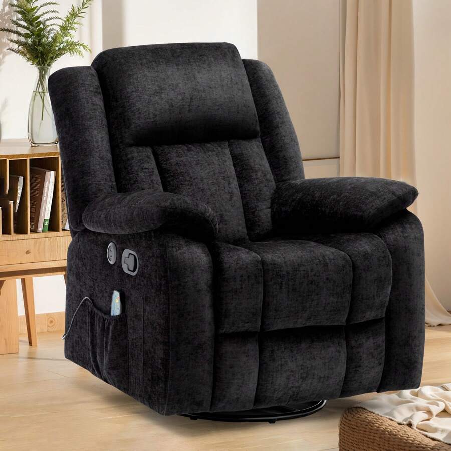 KORSER 360° Swivel Rocker Recliner Chair With Massage & Heating,Modern Sofa,Comfortable Chenille Fabric, Glider Recliner For Adults With Side Pockets & USB, Ideal For Living Room, Nursery, Bedroom,Black - US A Type Plug(110-127V) - View 1