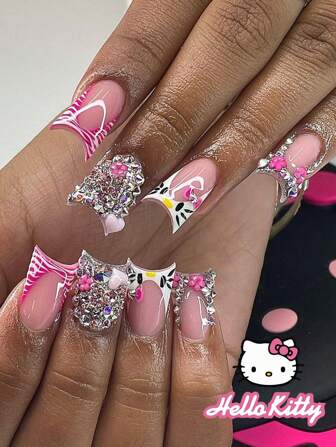  24 Stück Enten-Nagelflecken Sanrio Süße Hello Kitty Französisch Muster Dreidimensionales buntes 3D rosa Blumen weiß Liebe Strass Nagel Set