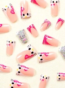 24PCS Duckbill Nail Patches Sanrio Cute Hello Kitty French Pattern Three-Dimensional Colorful 3d Pink Flower White Love Rhinestone Wear Nail Set Nails - Multicolor - View 3