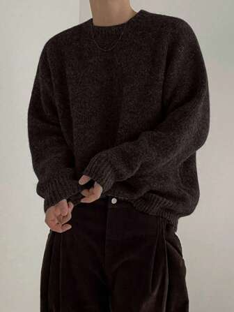 White Joy 秋冬新款男士简约纯色休闲宽松圆领套头毛衣，圣诞节和新年穿搭，长袖上衣