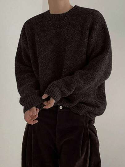 秋冬新款男士简约纯色休闲宽松圆领套头毛衣，圣诞节和新年长袖上衣