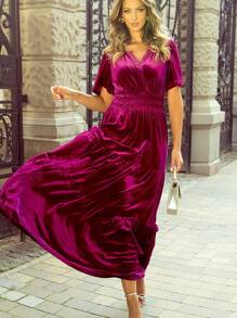 Velvet Short Sleeve Shirred Waist Tiered Maxi Dress - 玫紅色 - 查看 3