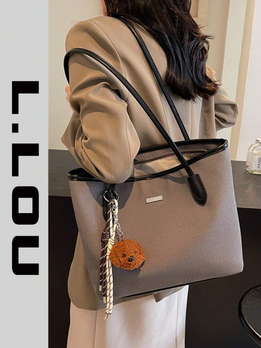 时尚毛绒吊坠，复古大容量休闲单肩托特包配金属五金装饰，纯色休闲手提包日常使用，优雅百搭通勤女士手提包