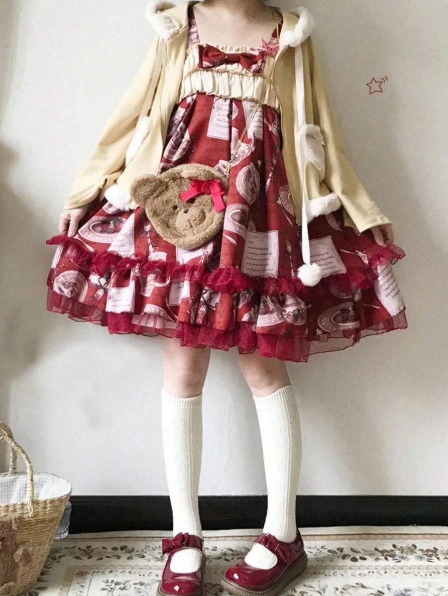 1 chiếc váy xếp lớp in ren hình trái tim dễ thương theo phong cách Lolita, thích hợp cho các lễ hội, ngày lễ, hội nghị, tiệc tùng, trang phục thường ngày - Nhiều màu - Xem 1