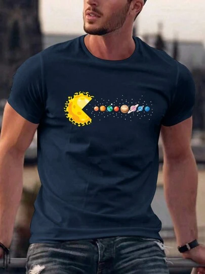 Men's Round Neck Planet Print Short Sleeve Casual Loose Fit T-Shirt, Suitable For Daily Commute