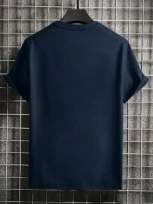Men's Round Neck Planet Print Short Sleeve Casual Loose Fit T-Shirt, Suitable For Daily Commute - Royal Blue - View 3