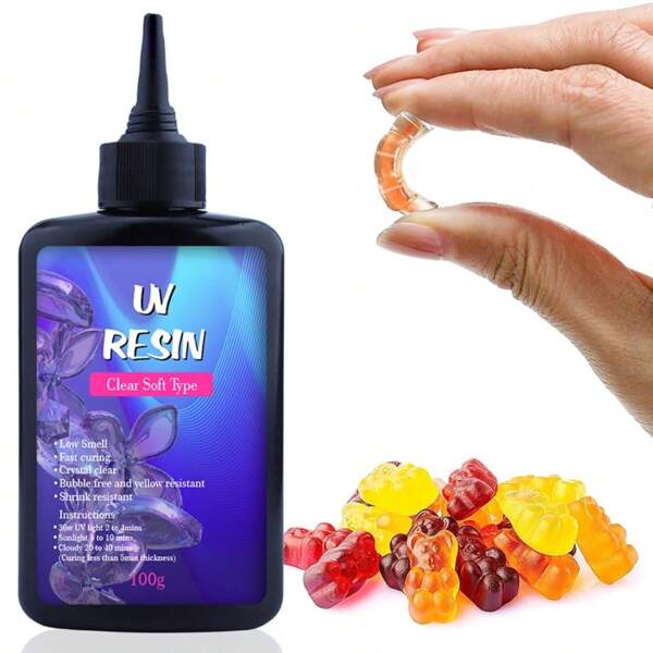 Résine UV de type souple, 100g de résine époxy ultraviolette cristal clair élastique et pliable, kit de résine UV à faible retrait pour l'artisanat, la bijouterie et la décoration