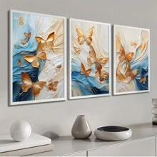 Kit 3 Decorative Frames Abstract Art Painting Golden Butterflies Gold Marble Blue And White Decoration - 白色 - 查看 5