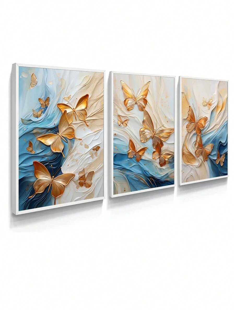 Kit 3 Decorative Frames Abstract Art Painting Golden Butterflies Gold Marble Blue And White Decoration - 白色 - 查看 1