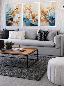 Kit 3 Decorative Frames Abstract Art Painting Golden Butterflies Gold Marble Blue And White Decoration - 白色 - 查看 2