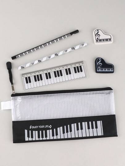 6pcs/Box Piano Keys Style Stationery Set Pencil Pouch 6pcs Student Gifts Cartoon Stationery Supplies,School Supplies,Back To School