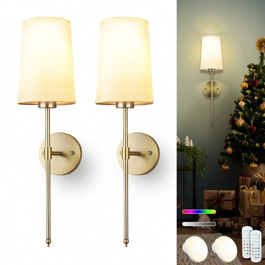 Daoteper Battery Operated Wall Sconce Set Of 2 With Remote Control,White Fabric Shade Wall Lights With Dimmable 15 RGB Rechargeable Wireless Sconces For Bedroom Living Room Hallway - Vàng - Xem 1