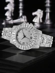 4 件/套 欧美嘻哈时尚手链项链套装 配闪亮石英表和吊坠项链，时尚男士配饰，送给爸爸、男朋友、兄弟的最佳礼物 - A - 查看 5