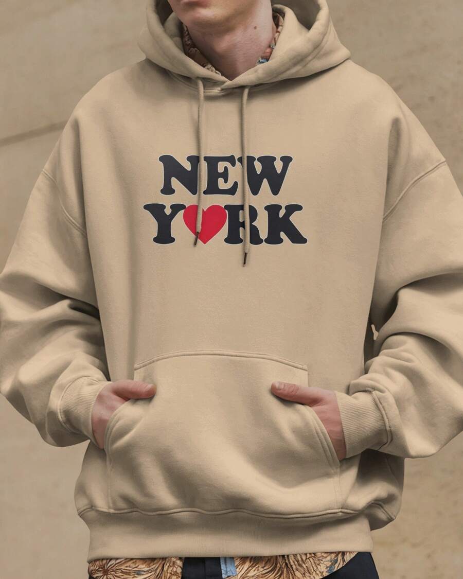 Printed Sweatshirt Hoodie Flannel Hooded Top New York Heart Winter Cold Weather Sweatshirt - 米色 - 查看 1