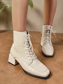 Fall/Winter 2025 Women's Pointed Toe Lace-Up Mid-Calf Boots - Beige - View 5