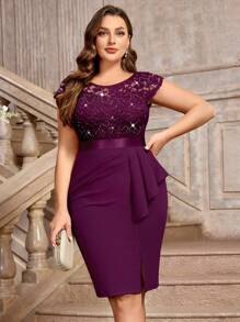 Plus Sequin Lace Bodice Ruffle Split Thigh Wrap Hem Cocktail Party Bodycon Dress, Valentine's Day Dress, Summer Dress, Evening Party Dress, Graduation Dress, For Birthday, Wedding Guest, Homecoming - Maroon - View 5