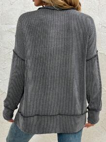 Women Plus Size Long Sleeve Shirts Fall Ribbed Loose Fit Plus Size Sweatshirts Casual Side Slit Tunic Tops - Black - View 2