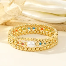 3 件装欧美波西米亚风玻璃念珠仿珍珠串珠手链，时尚百搭 - 彩色 - 查看 4