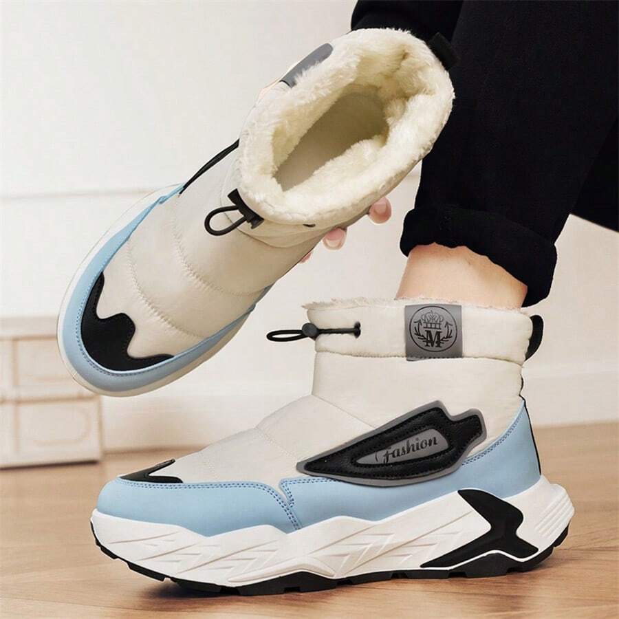 男士保暖休闲雪地靴，双色简约设计，保暖内衬，厚实，适合通勤和徒步旅行，冬季 - 藍色 - 查看 1
