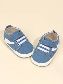 1 Pair Infant Boys' Color-Block Fabric Hook & Loop Fastener Design Non-Slip Casual Sneakers, Toddler First Walking Shoes, Suitable For Spring & Autumn - Baby Blue - View 2