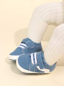 1 Pair Infant Boys' Color-Block Fabric Hook & Loop Fastener Design Non-Slip Casual Sneakers, Toddler First Walking Shoes, Suitable For Spring & Autumn - Baby Blue - View 8