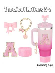 4 pièces/set spécialement conçu pour les accessoires de tasse, 1 pièce couvercle de paille en silicone avec nœud rose, 1 pièce de charme de poignée avec lettre d'identification, 1 pièce d'autocollant de lettre auto-adhésif, 1 pièce de manchon de tasse. Accessoires de tasse, couvercles de paille avec nœud de 0,4 po/10 mm compatibles avec les gobelets de 30 et 40 oz (rose) - Rose bonbon - Voir 1